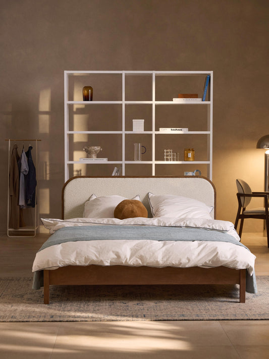 Jonvaro Wooden Bed with Bouclé Headboard