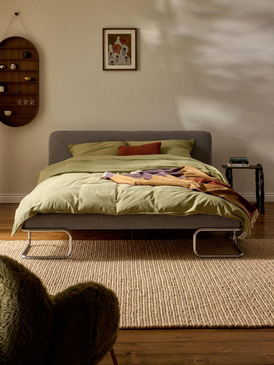 Olvina Upholstered Bed in Bouclé with Metal Legs