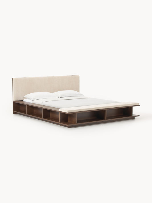 Clarvo Wooden Bed Frame with Bench and Side Shelves