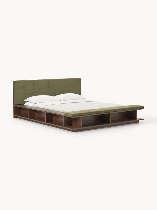 Clarvo Wooden Bed Frame with Bench and Side Shelves