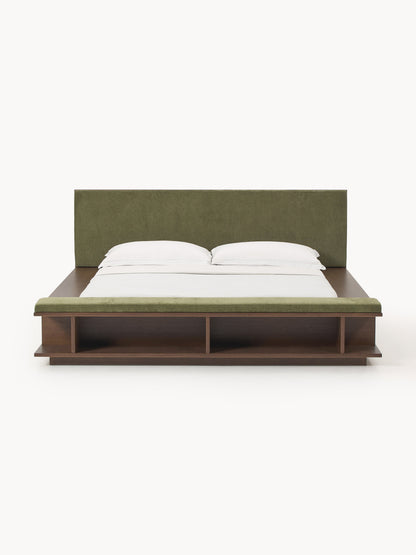 Clarvo Wooden Bed Frame with Bench and Side Shelves