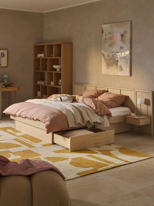 Nanvero Wooden Bed with Headboard and Bedside Tables
