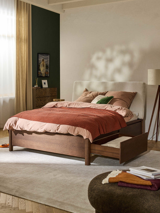 Santvano Wooden Bed with Upholstered Headboard and Drawers