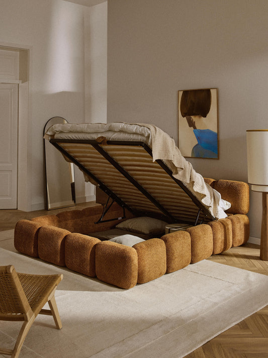 Taylis Upholstered Bed in Teddy Bouclé with Storage